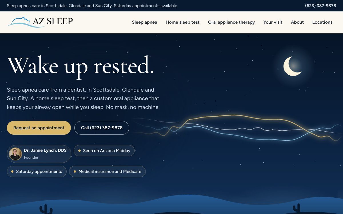 The concept's first screen on a computer: the headline over a drawn night sky with a crescent moon, the three cities named in the opening line, a request button and a call button, and a row with your photograph, the Arizona Midday segment, Saturday appointments and medical insurance.