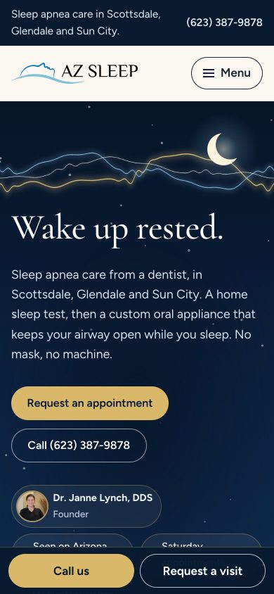 The concept's first screen on a phone: the moon above the headline, the opening line and both buttons, with a call bar fixed at the bottom of the screen.