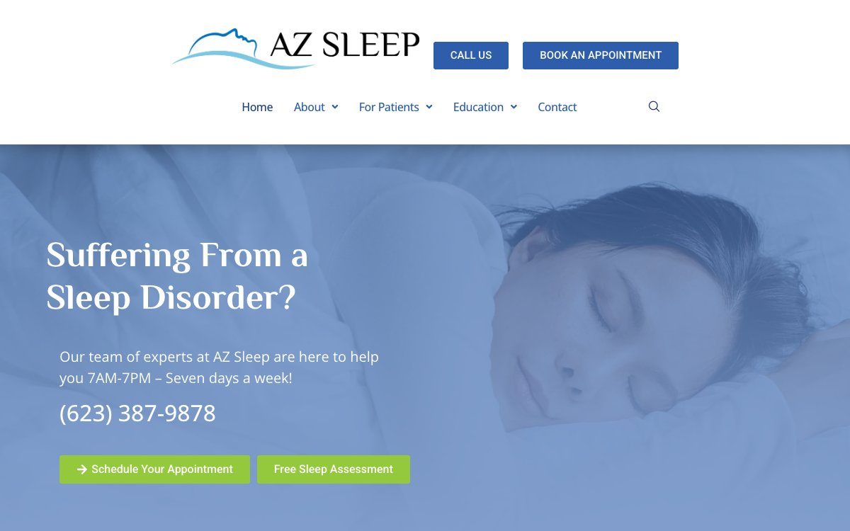 The desktop first screen: the logo, call and booking buttons, the menu, the headline “Suffering From a Sleep Disorder?”, the hours line, the phone number and two green buttons over a photograph of a sleeping woman.
